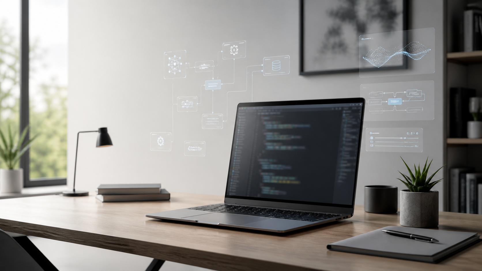 AI engineering workspace with automation overlays